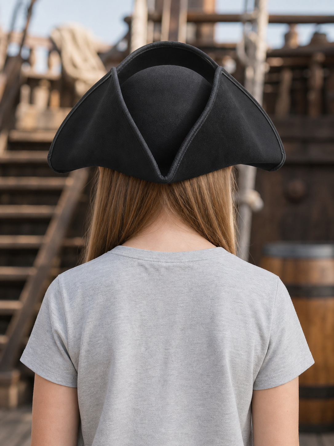 Children's Pirate Hat, Black Wide-Brim Tricorn Style Costume Hat with Turned-Up Sides, Pointed Crown Sections and Stitched Edging for Dress-Up Play and Costume Parties