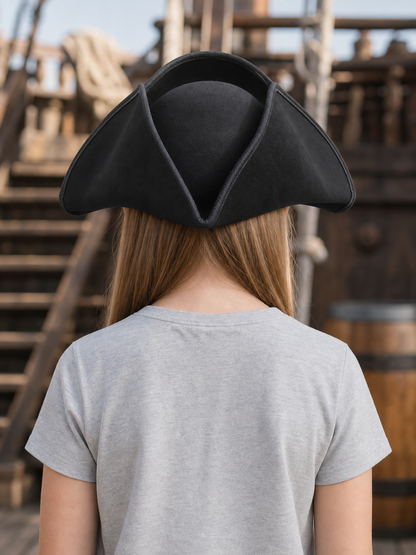 Children's Pirate Hat, Black Wide-Brim Tricorn Style Costume Hat with Turned-Up Sides, Pointed Crown Sections and Stitched Edging for Dress-Up Play and Costume Parties