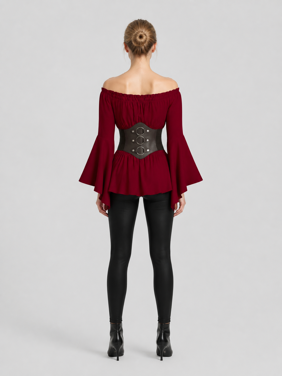 Burgundy Blouse with Black Belt, Pirate Cosplay back view