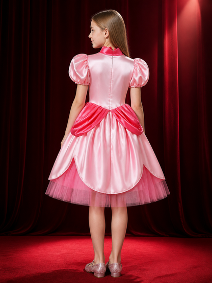 Kids Princess Costume Dress, Puff Sleeve High Collar Layered Skirt Halloween back view