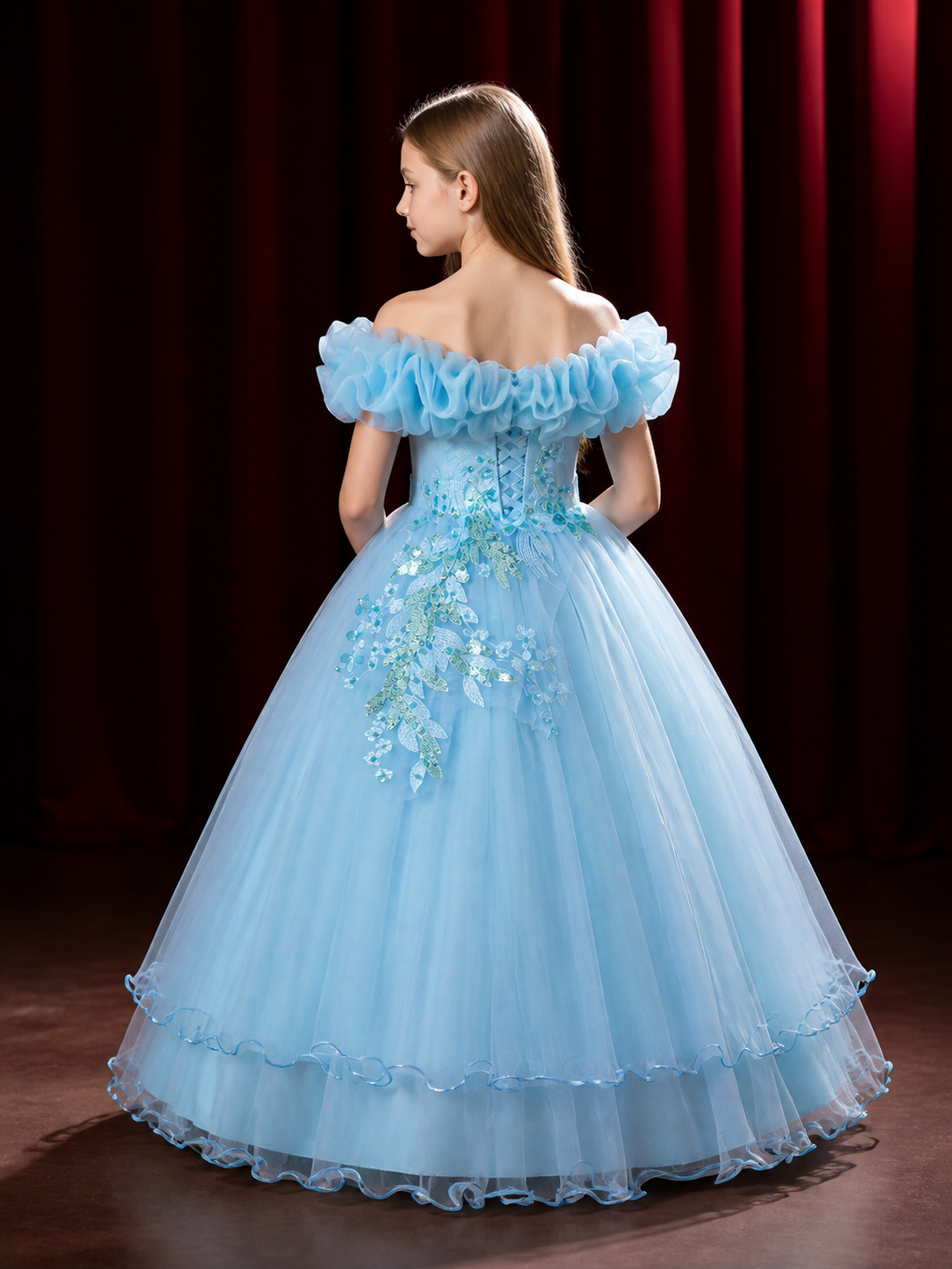 Girls' Sky Blue Off-Shoulder Princess Dress With Sequin Floral Embroidery back view