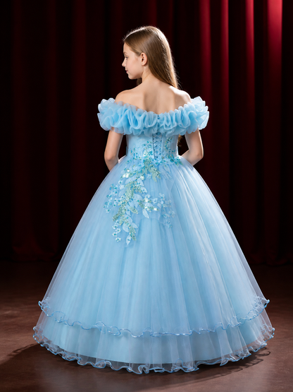 Girls' Sky Blue Off-Shoulder Princess Dress With Sequin Floral Embroidery back view