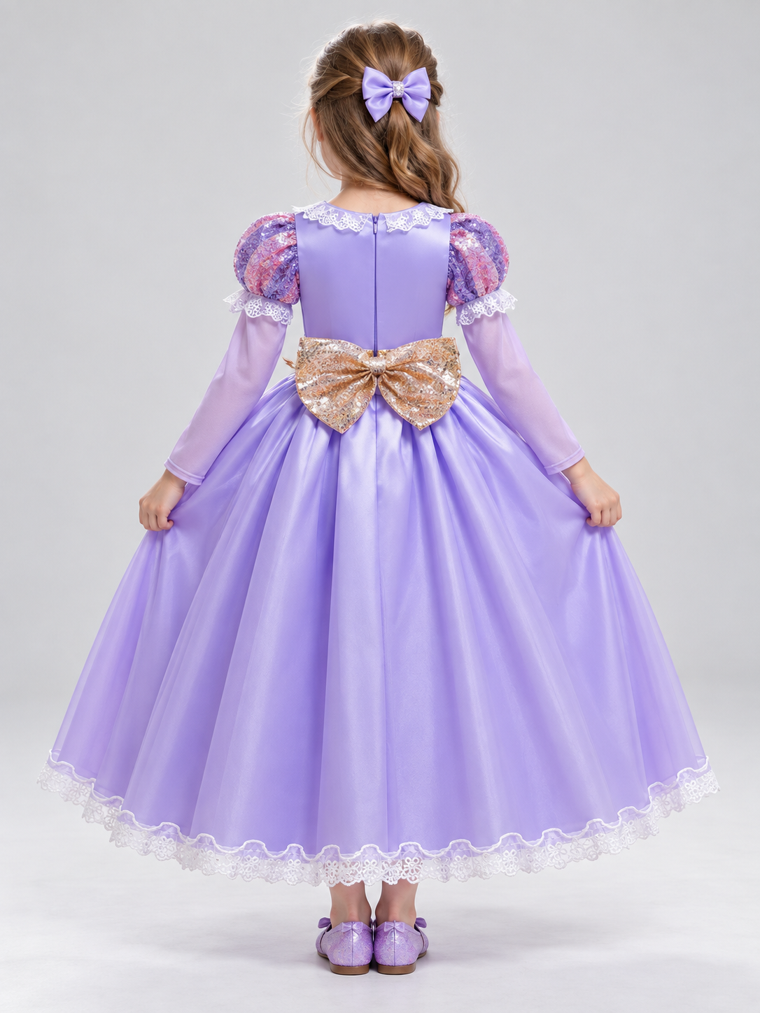 Purple Girls' Holiday Dress with Lace and Bow