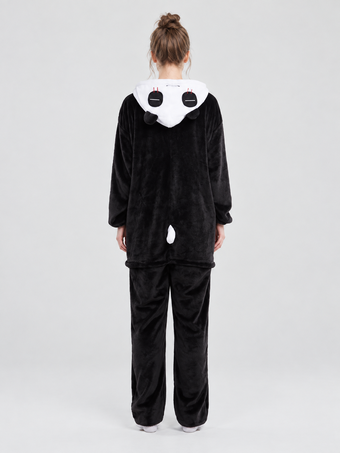 Black and White Fleece Kigurumi Pajama with Hood and Tail