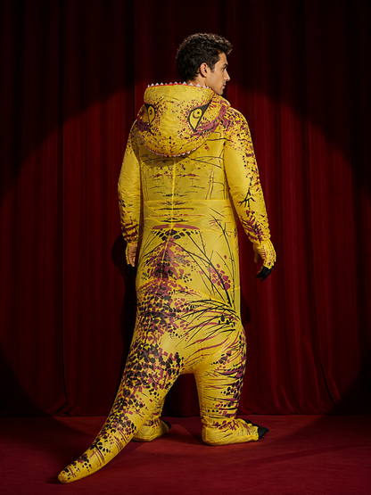 Adult Yellow T-Rex Dinosaur Costume Inflatable With Open Mouth And Realistic back view