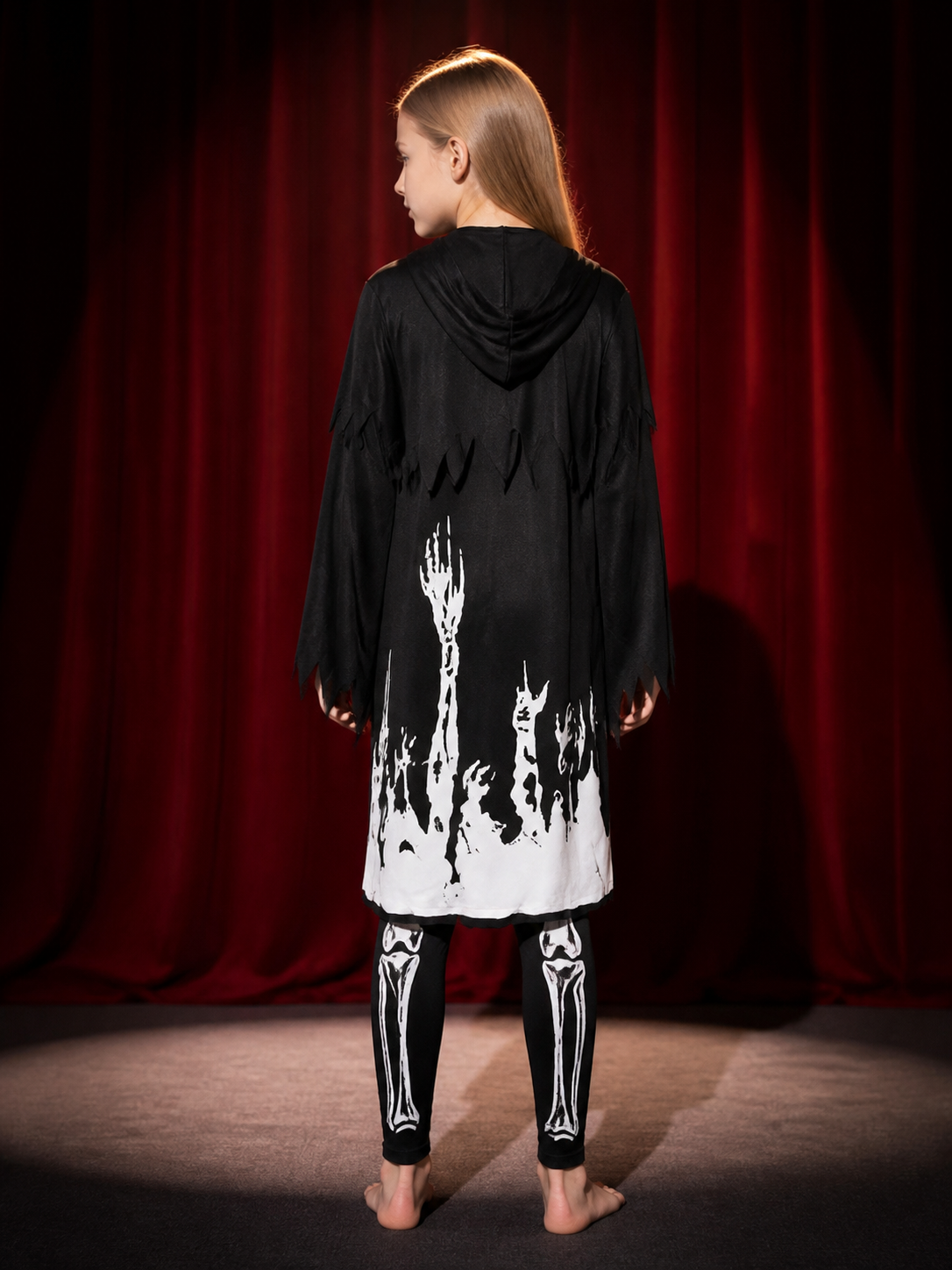 Unisex Glow In The Dark Skeleton Hooded Bodysuit Costume Set With Tattered Robe back view