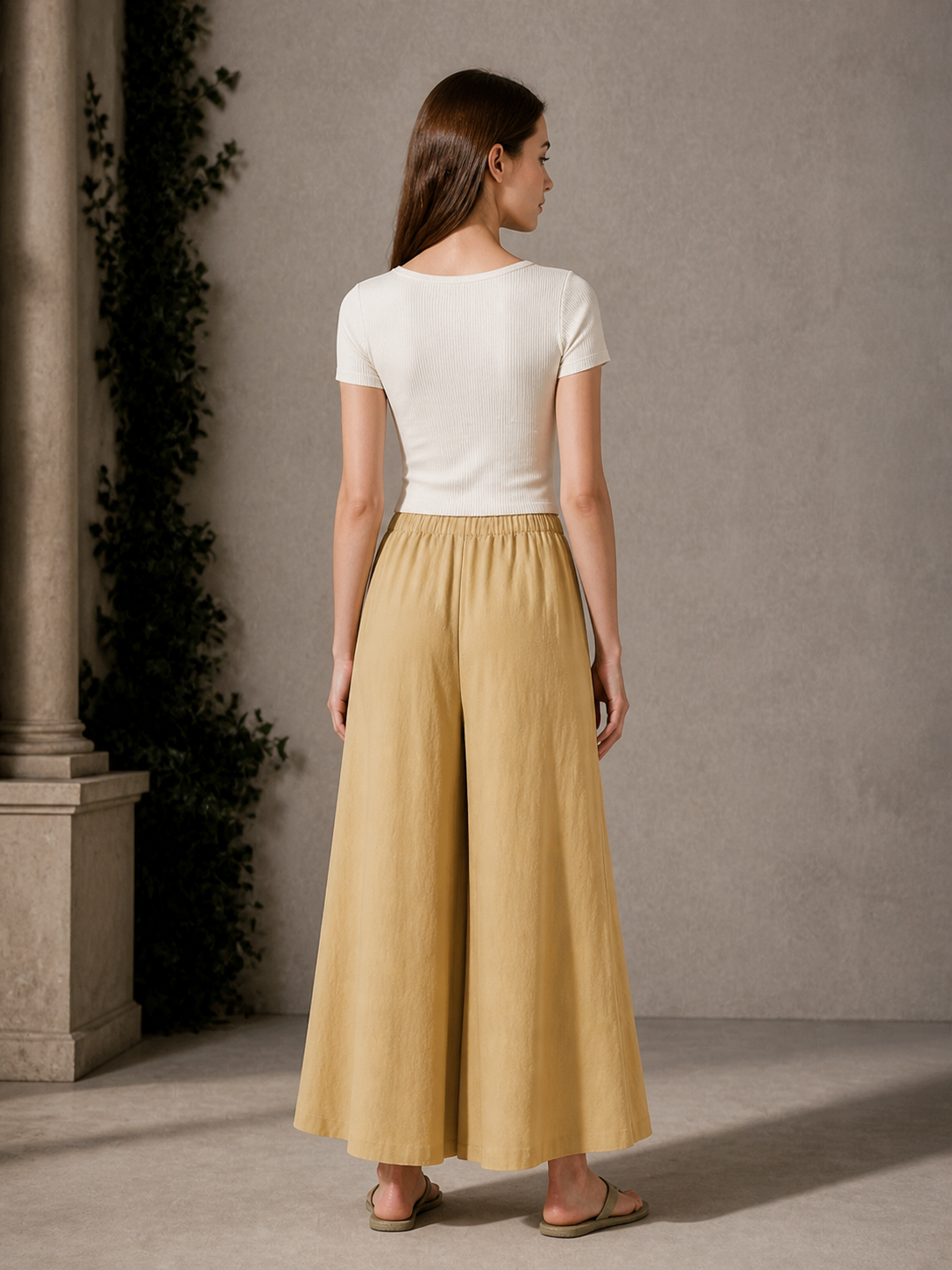 Apricot Wide Leg Pants, Elastic Waist Long Trousers with Two Side Pockets back view 3