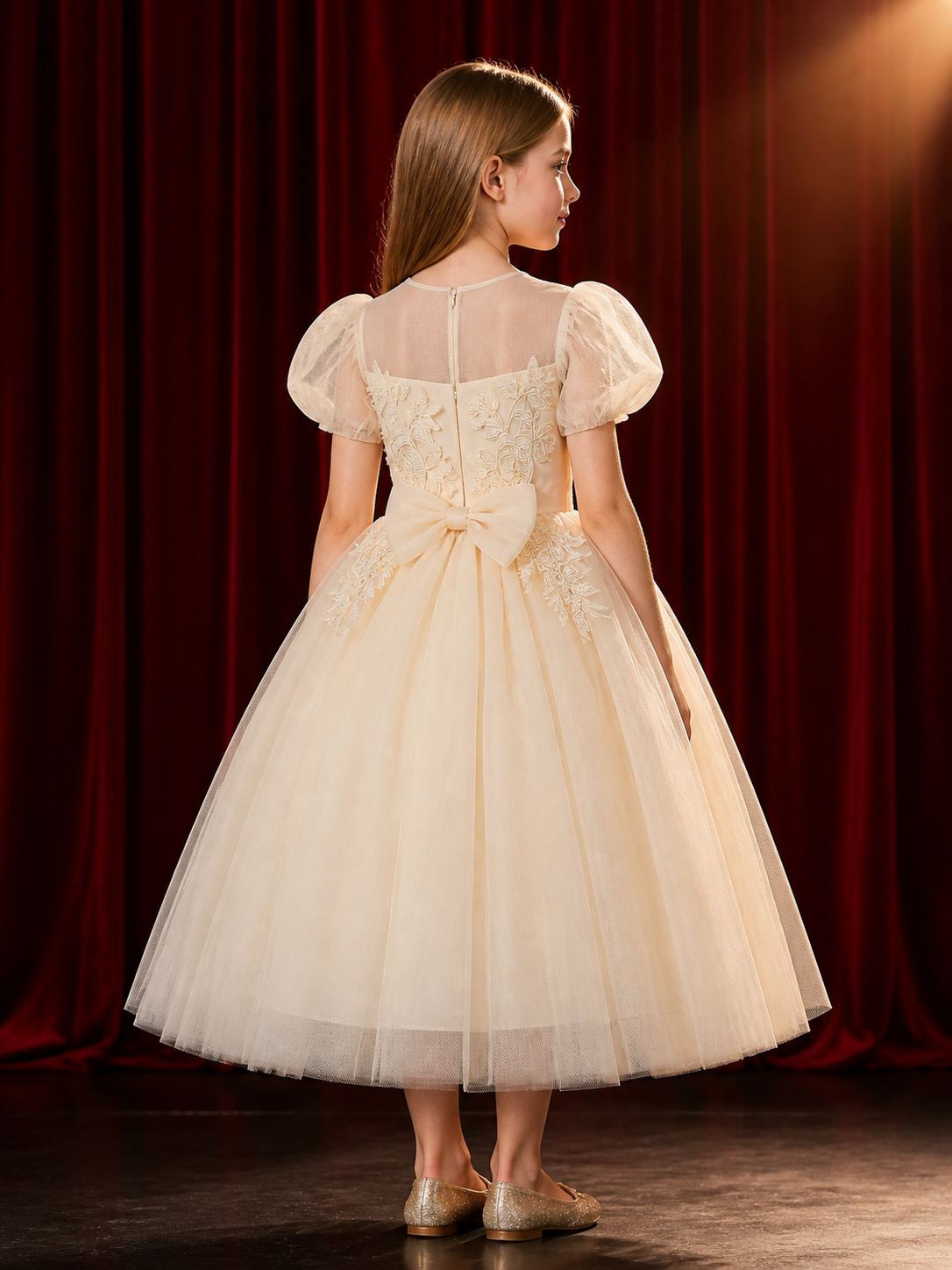 Toddler Girls' Ivory Princess Dress with Floral Vine Embellishments and Layered back view