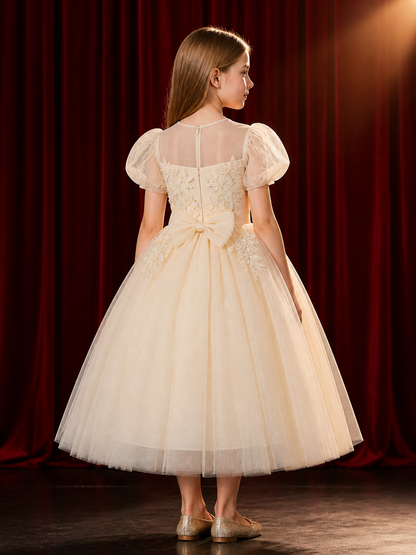 Toddler Girls' Ivory Princess Dress with Floral Vine Embellishments and Layered back view