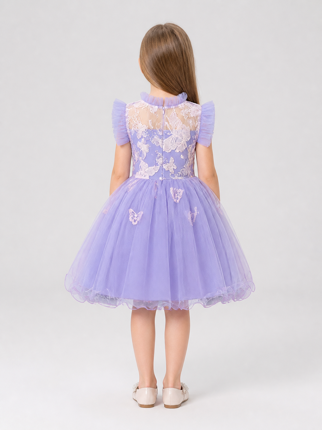 Festive Dress with Full Skirt, Flowers, and Butterflies back view