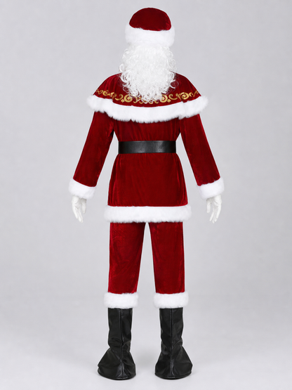 The costume is designed as Santa Claus and includes a top, pants, headwear, a wig with a curly white beard, a belt, gloves, and black boot-shaped shoe covers. It includes a red long-sleeve shirt and straight-leg red pants. White trim along 