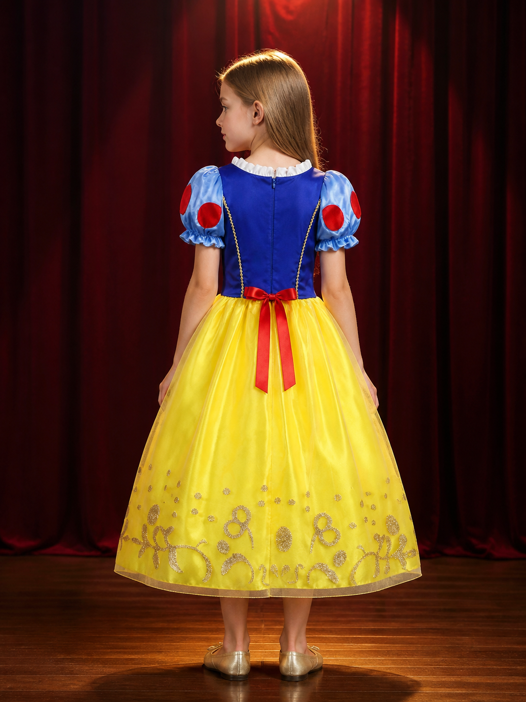 Girls Snow White Princess Costume Dress, Blue Yellow Red Short Sleeve Halloween