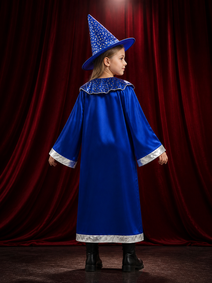 Blue Wizard Costume Set with Star and Moon Cloak and Pointed Hat back view