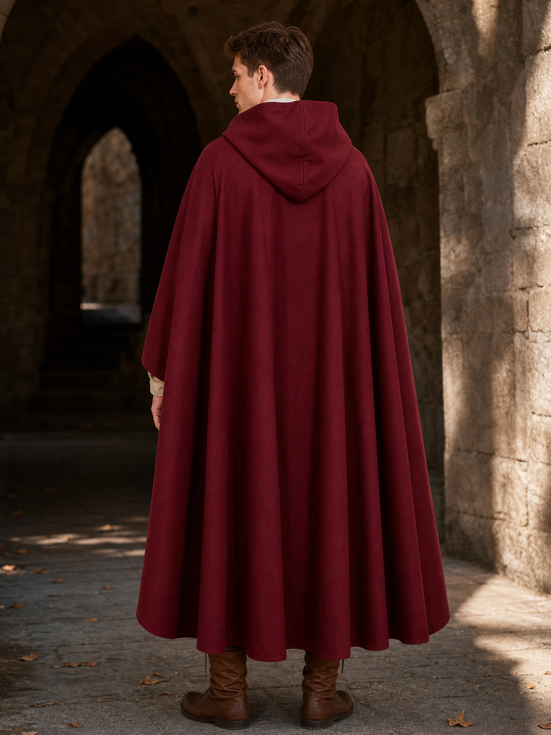 Medieval Hooded Cloak Wine Red Cape with Overlapping Front and Irregular Draped Hem for Cosplay, Theme Parties, Stage Performances and Fantasy Photography