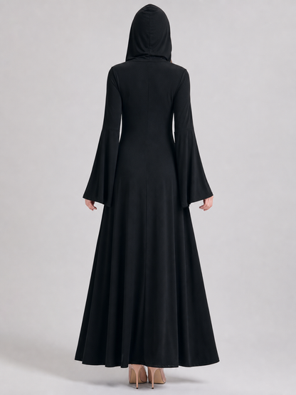 Black Gothic-Style Dress with Hood and Lacing