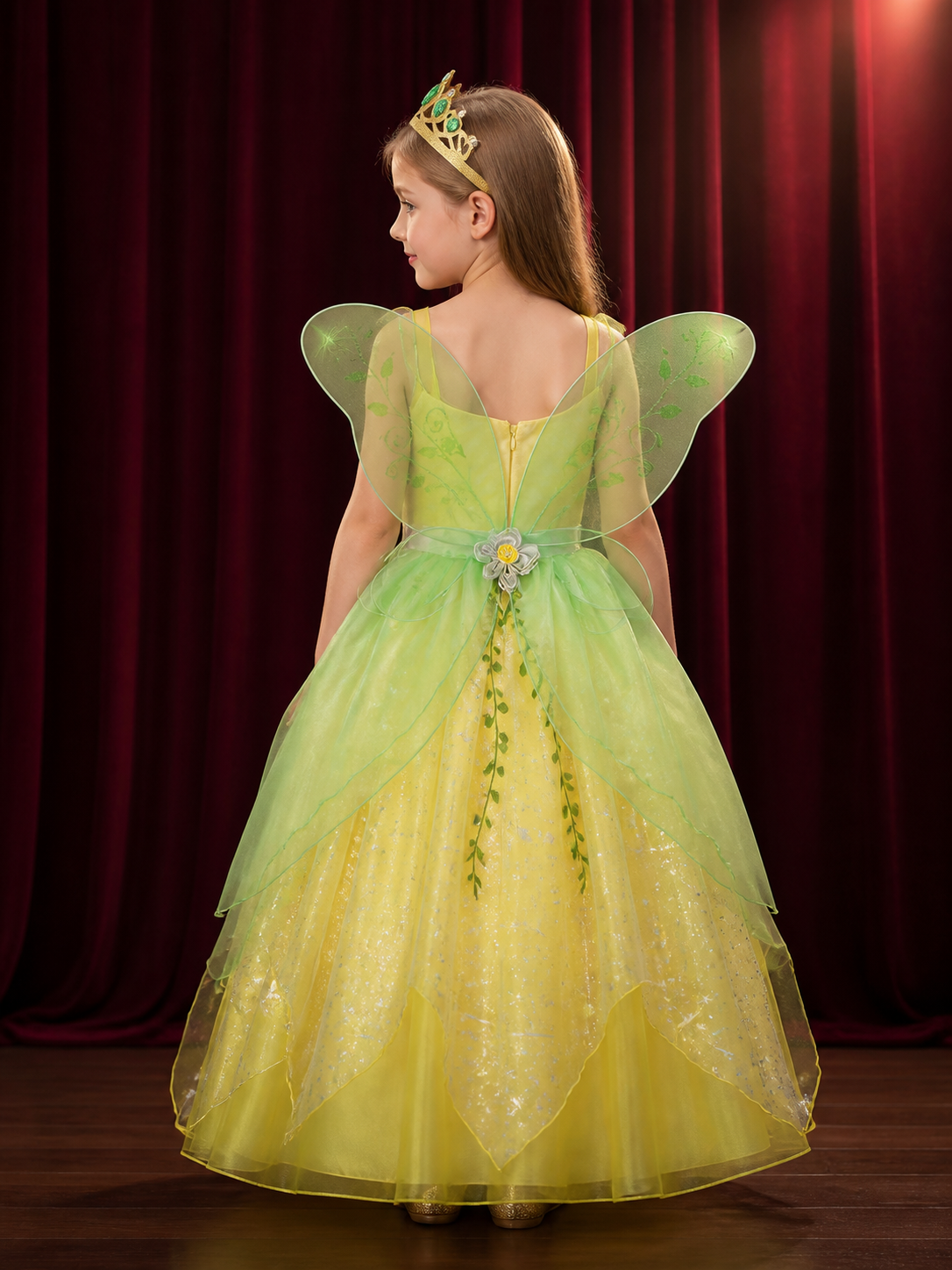 Girls Fairy Princess Costume Dress with Sparkling Tulle and Leaf Vine Pattern back view