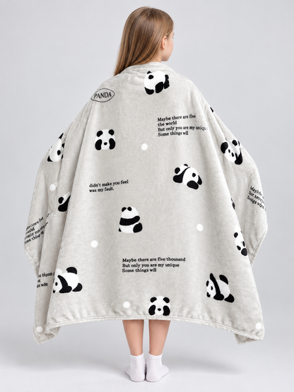 Double-Sided Blanket with Panda Print and Dots, Light Gray