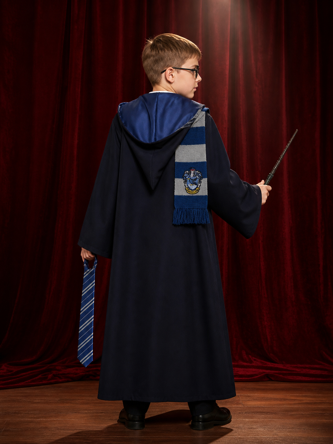 Kids Wizard Costume Set, Long Black Robe With Shawl Collar, Includes Tie, Scarf back view