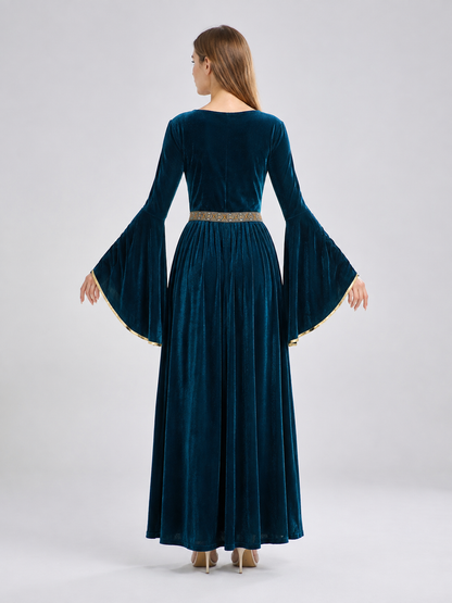 Floor-Length Dark Blue Carnival Dress with Belt back view