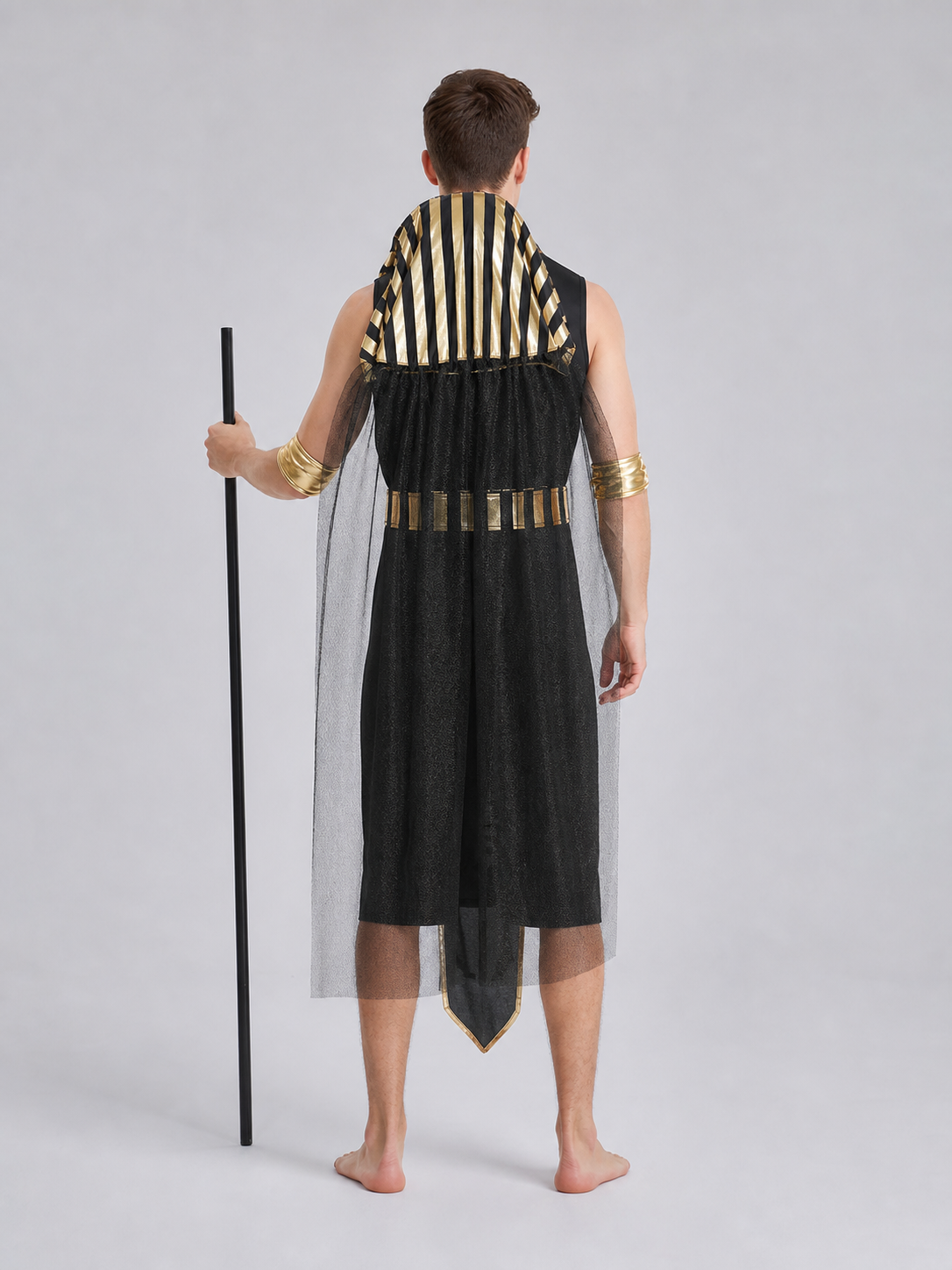 Men’s Egyptian Pharaoh Halloween Costume Set, 4-Piece Role Play Outfit with Headpiece, Neck Ornament and Belt for Cosplay Stage Performance