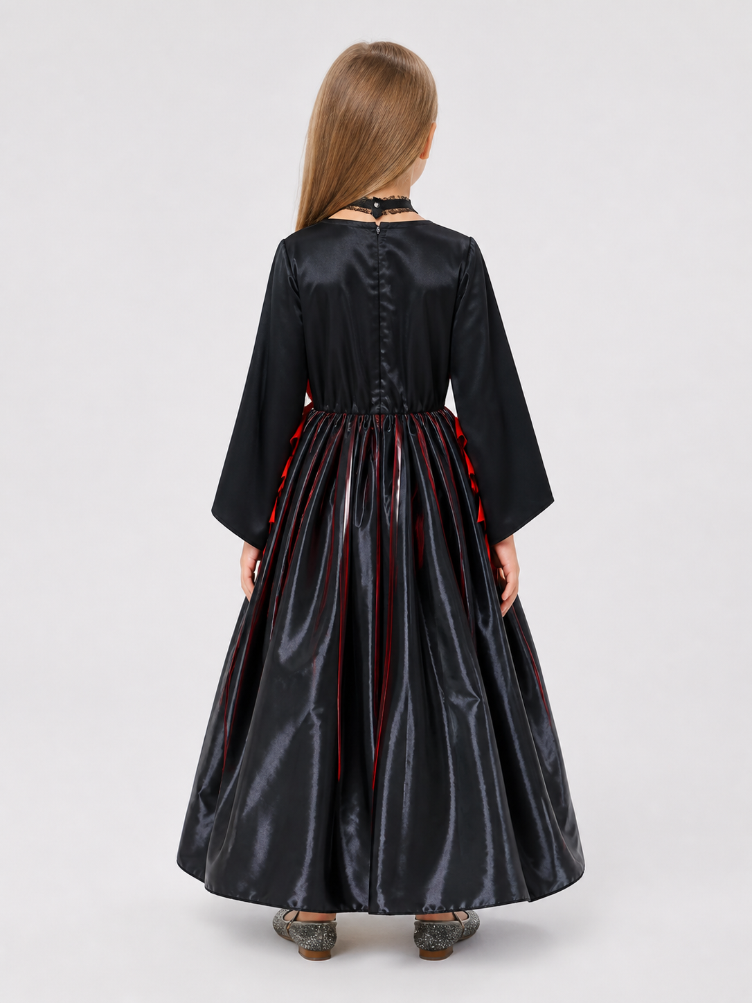 Girls' Halloween witch dress with red stripes back view