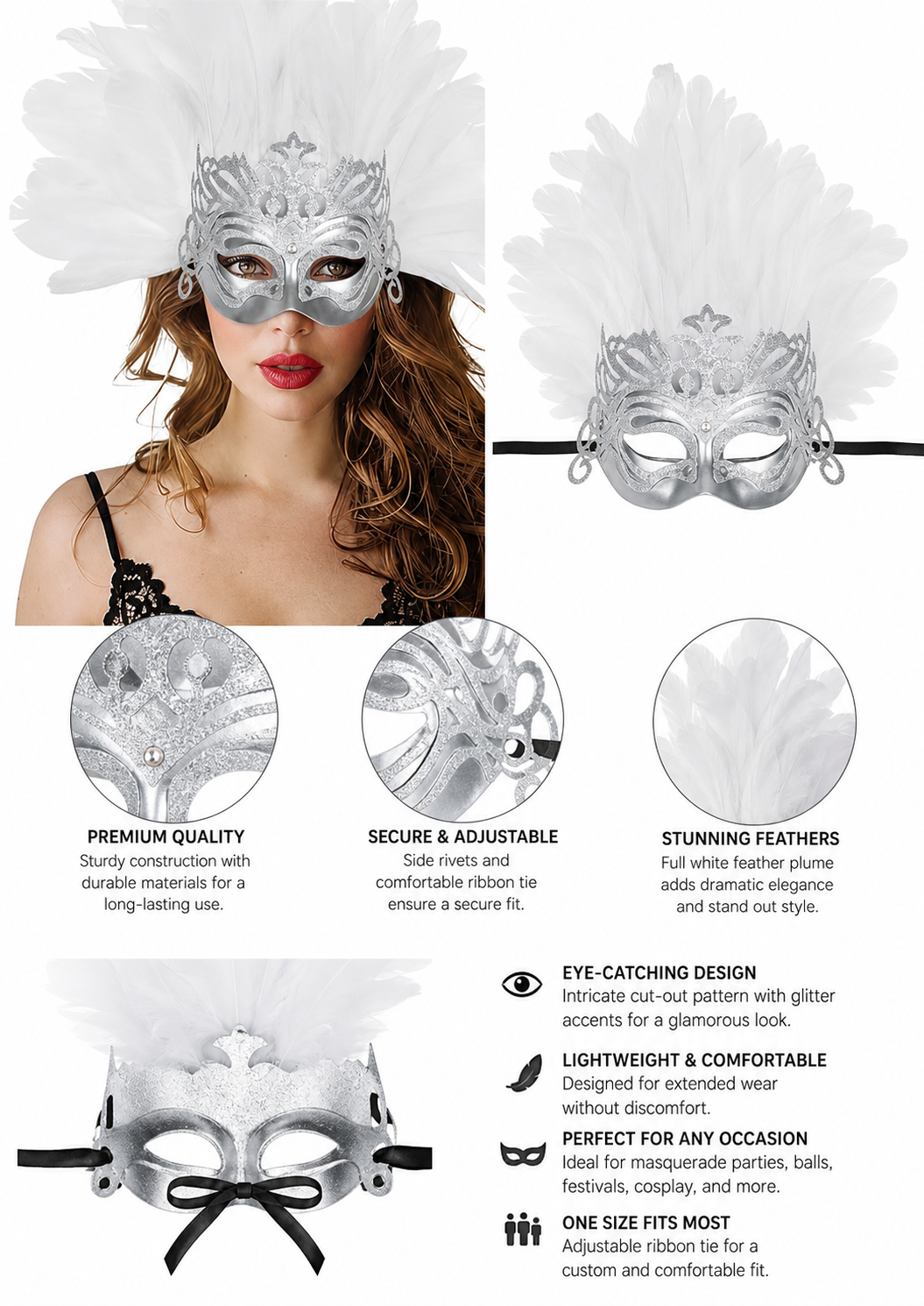 1pc White Feather Mask with Silver Lace Hollow Out, Crown Headdress for Vintage