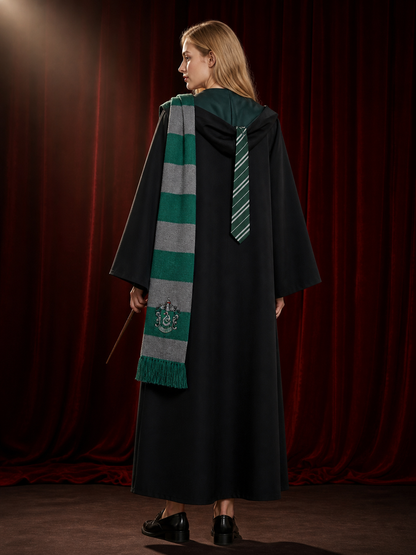 Green And Gray Wizard Costume Set With Robe, Tie And Scarf back view