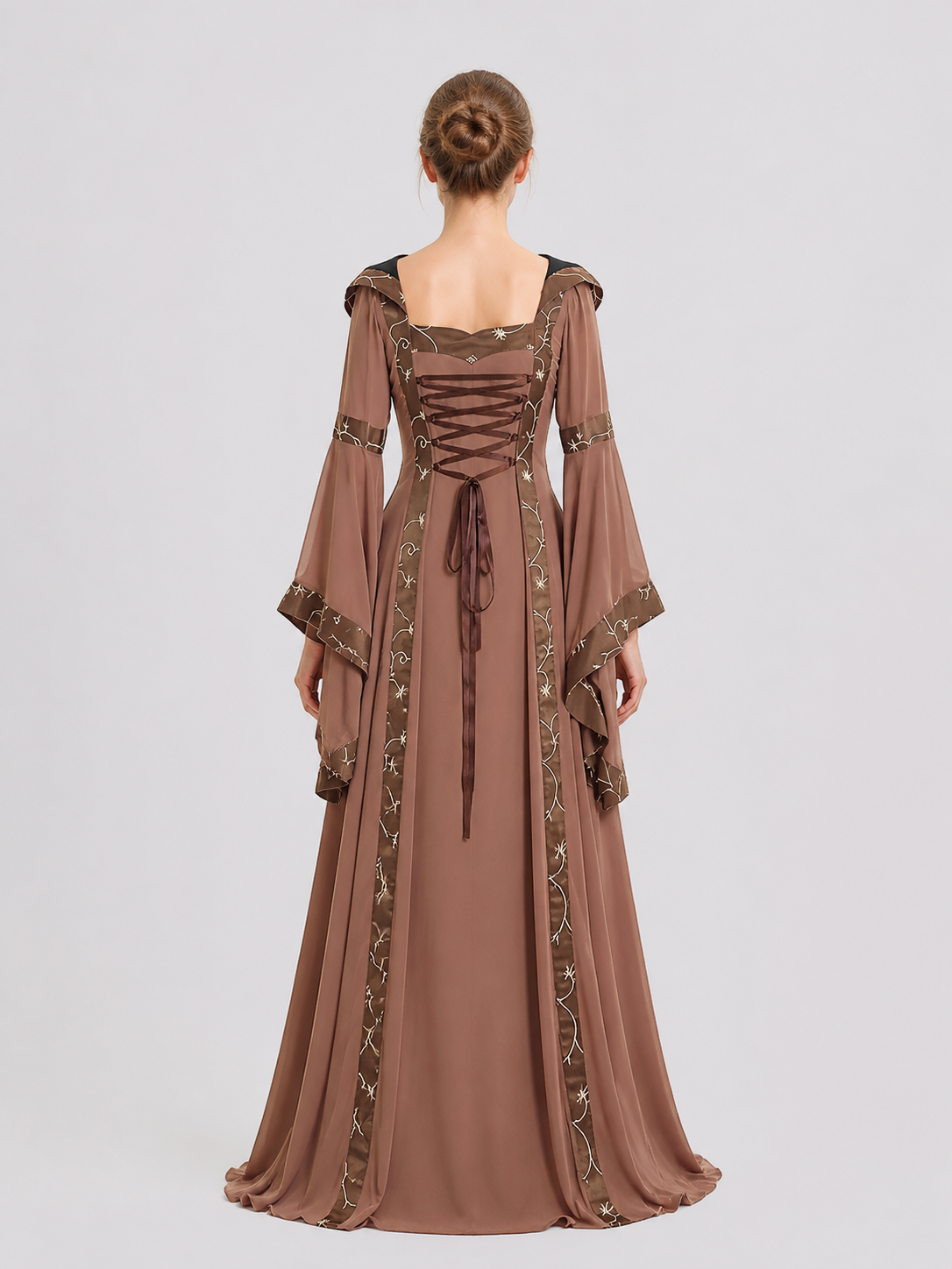 Retro Dress with a Square Neckline and Flared Sleeves back view