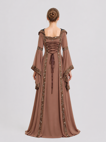 Retro Dress with a Square Neckline and Flared Sleeves back view
