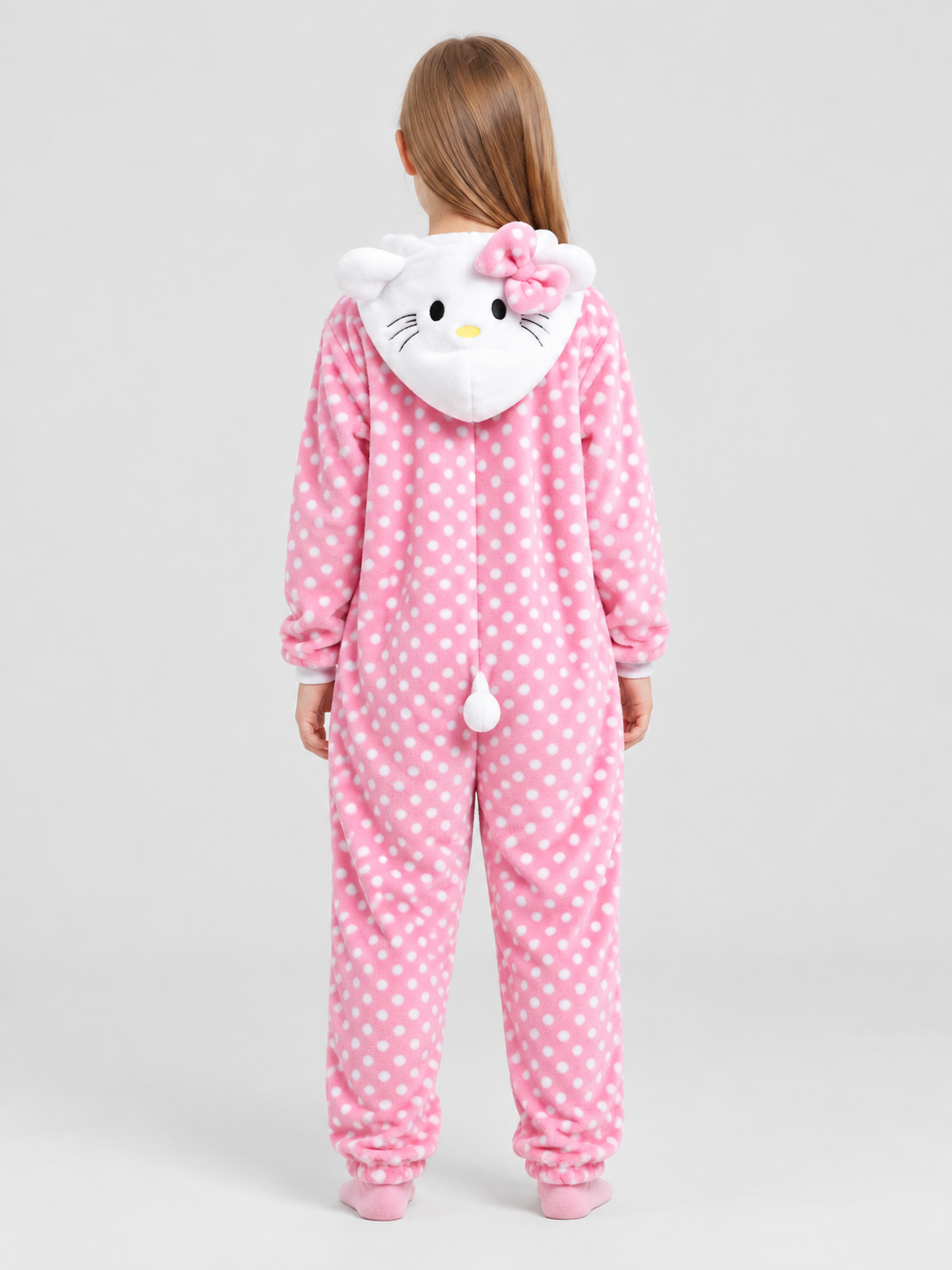 Kids' Flannel Fleece Hooded Pajama Jumpsuit with Ears, Pink and White