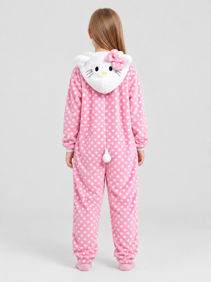 Kids' Flannel Fleece Hooded Pajama Jumpsuit with Ears, Pink and White