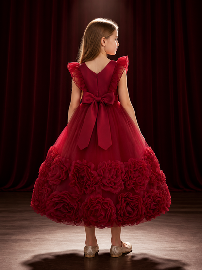 Toddler Girls' Maroon Princess Dress with Tulle Skirt, Rose Details and Bow Belt back view