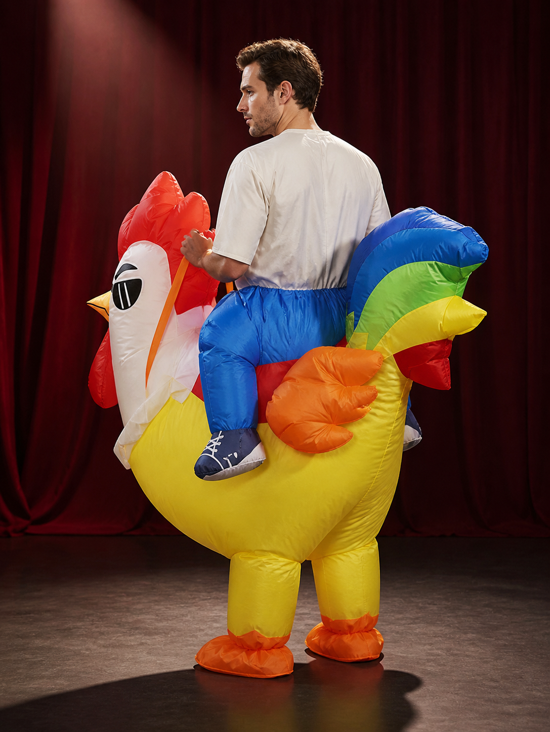 Inflatable Chicken Costume for Halloween, Animal Party Outfit with Red Comb and back view