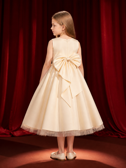 Girls' Champagne Flower Girl Dress with Large Bow and Layered Tulle Skirt back view