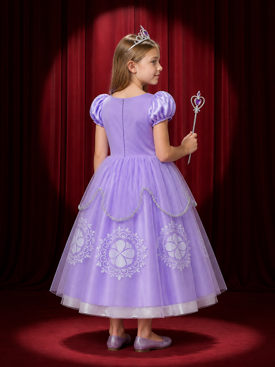 Girls Sophia Princess Dress Costume Set with Crown and Wand, Floral Embroidered back view
