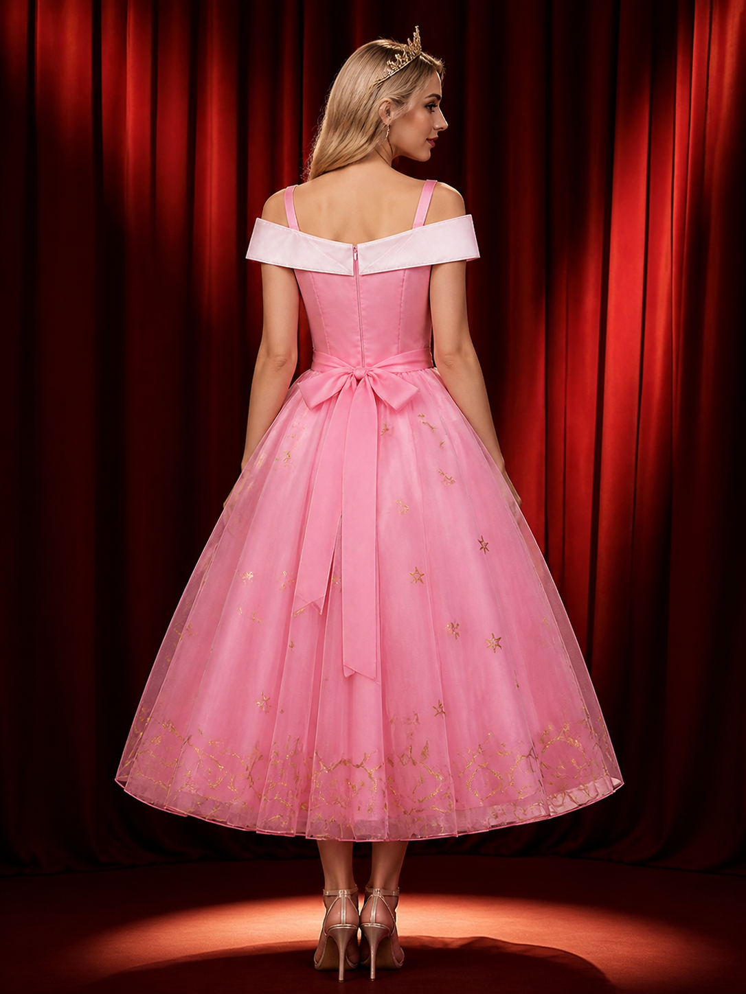 Girls Pink Princess Dress with Rose and Gold Embellishments, White Lace Collar back view