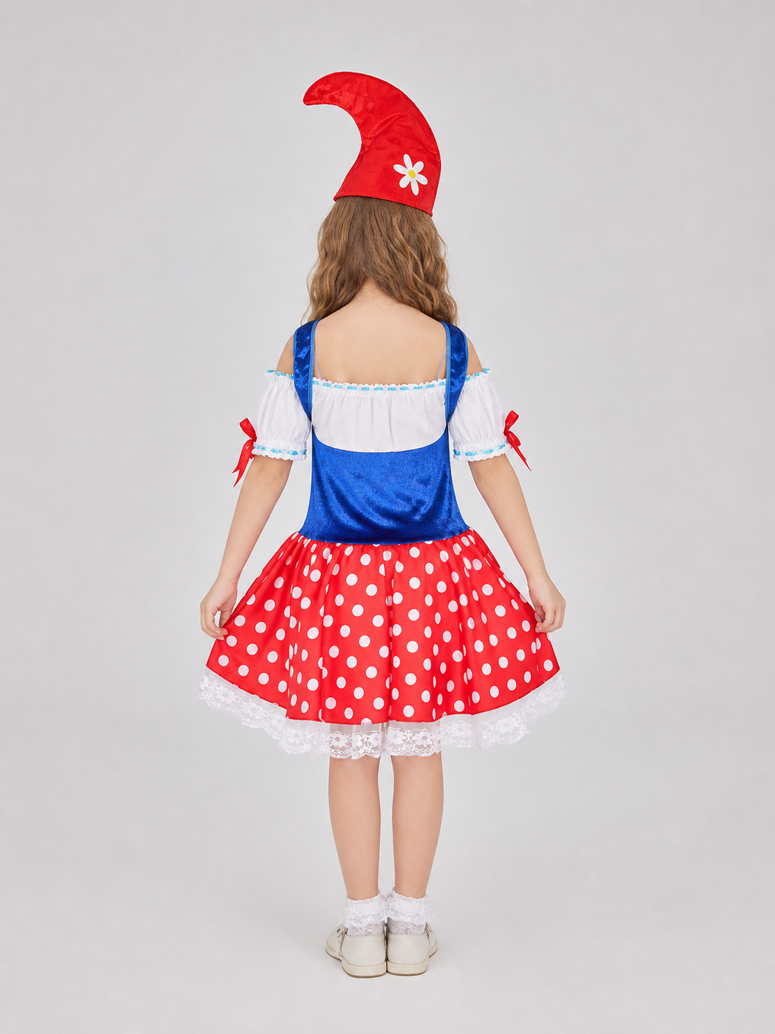 The dress is designed in the style of a German beer festival and is suitable for a themed party, cosplay, or festive outfit. The set includes a dress and a pointed curved hat. The design features a combination of white, red, and blue. The t
