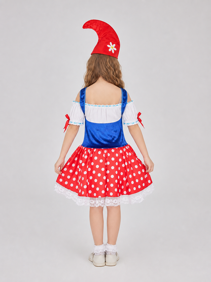 The dress is designed in the style of a German beer festival and is suitable for a themed party, cosplay, or festive outfit. The set includes a dress and a pointed curved hat. The design features a combination of white, red, and blue. The t