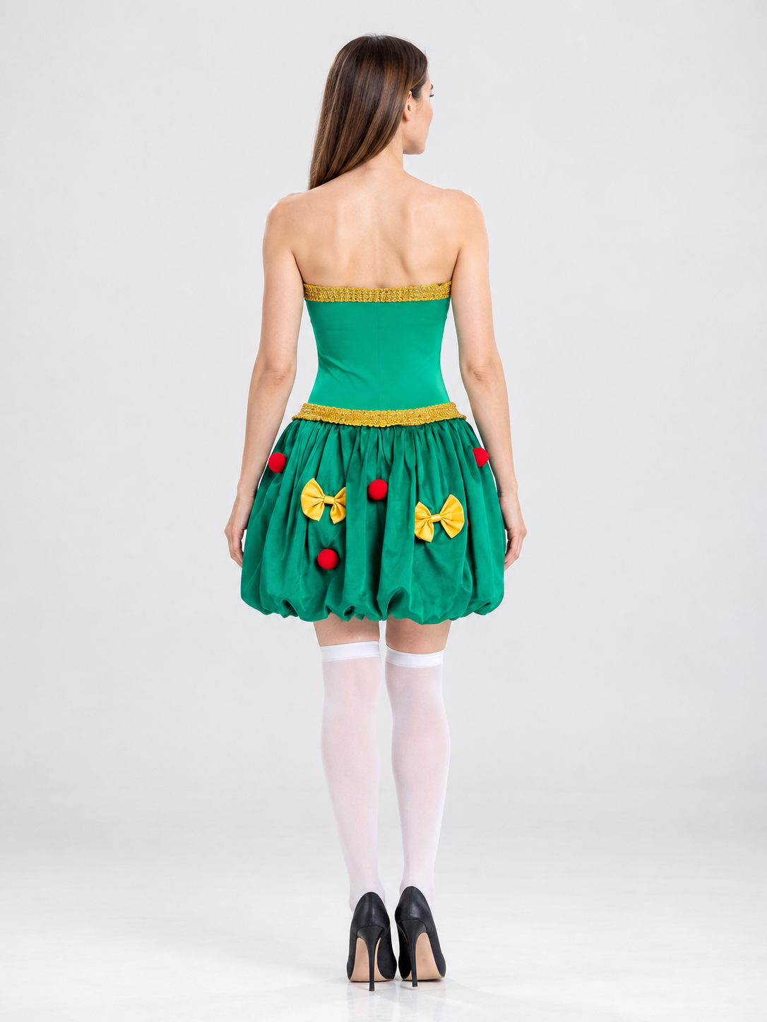 Green Carnival Dress with Bows and Pom-Poms back view
