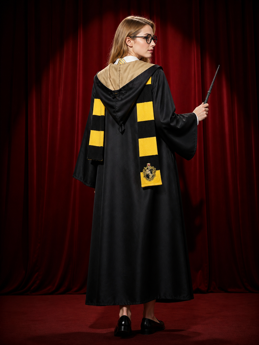 Kids Black And Yellow Hooded Wizard Robe Costume Set With Scarf, Tie, Glasses back view