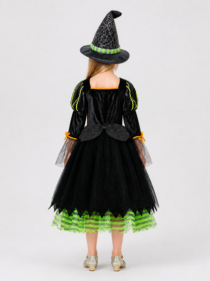 Children's Halloween Witch Costume with Full Skirt and Hat back view