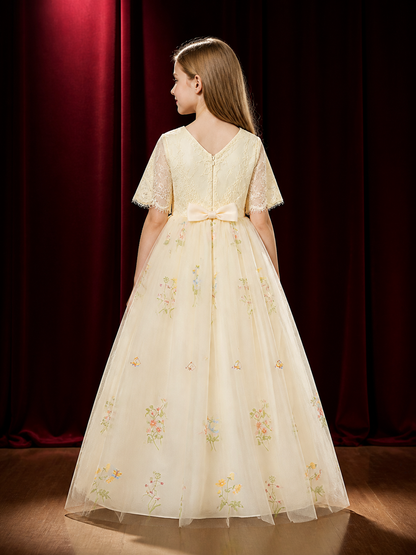 Girls' Princess Dress, Lace Bodice, Layered Tulle Skirt With Floral Butterfly back view