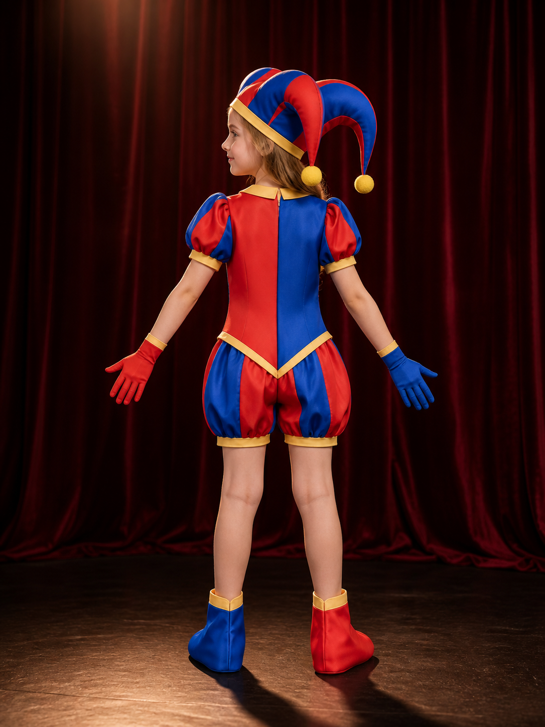 Back view of the red and blue jester jumpsuit costume with jester hat, gloves and foot covers