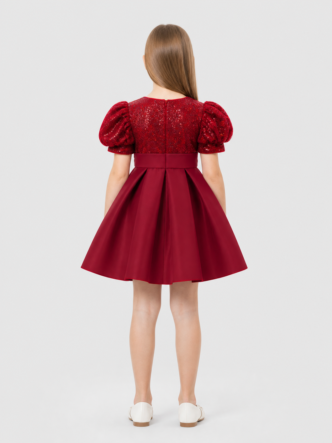 Party Dress with Sequins, a Full Skirt, and a Bow back view
