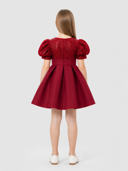 Party Dress with Sequins, a Full Skirt, and a Bow back view