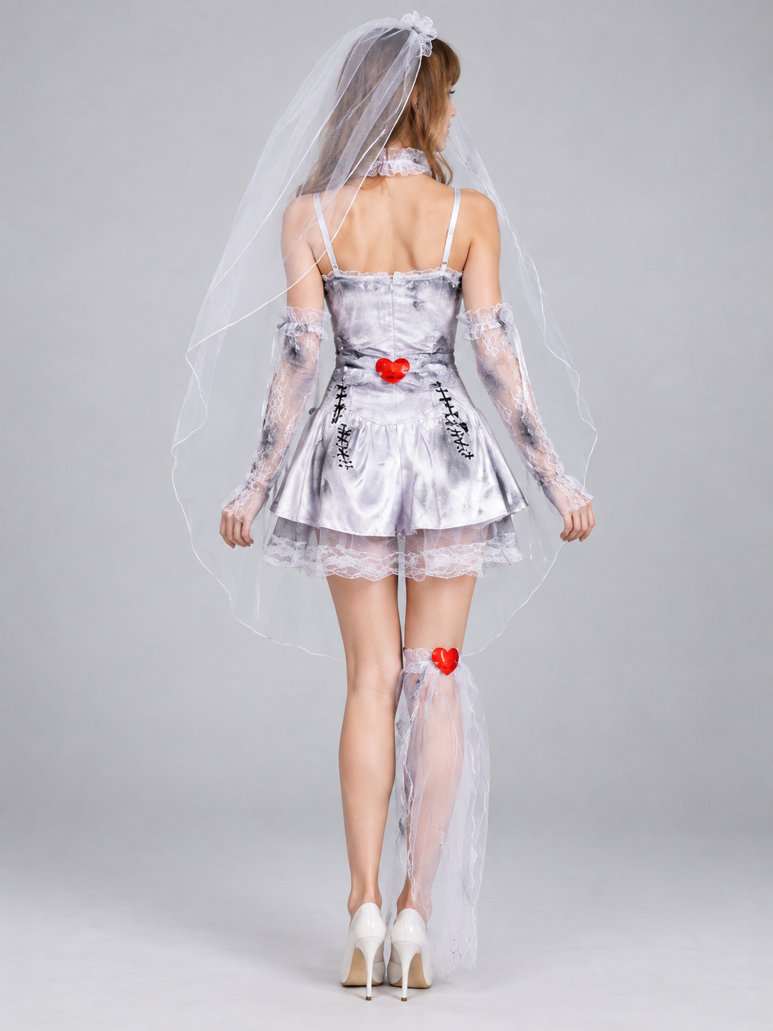 Bride Carnival Costume: White Mini Dress, Veil, Hearts