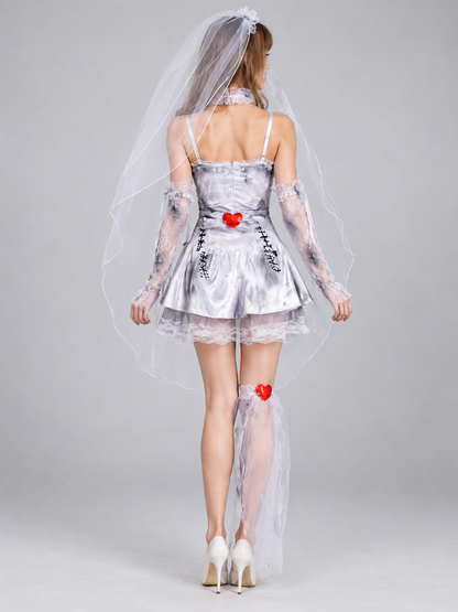 Bride Carnival Costume: White Mini Dress, Veil, Hearts