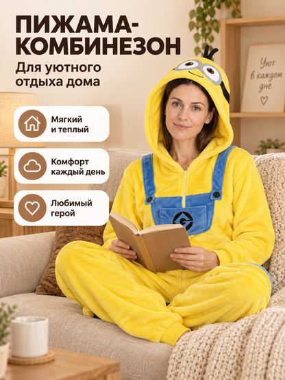 Yellow Flannel Hooded Zip-Up Pajama Jumpsuit