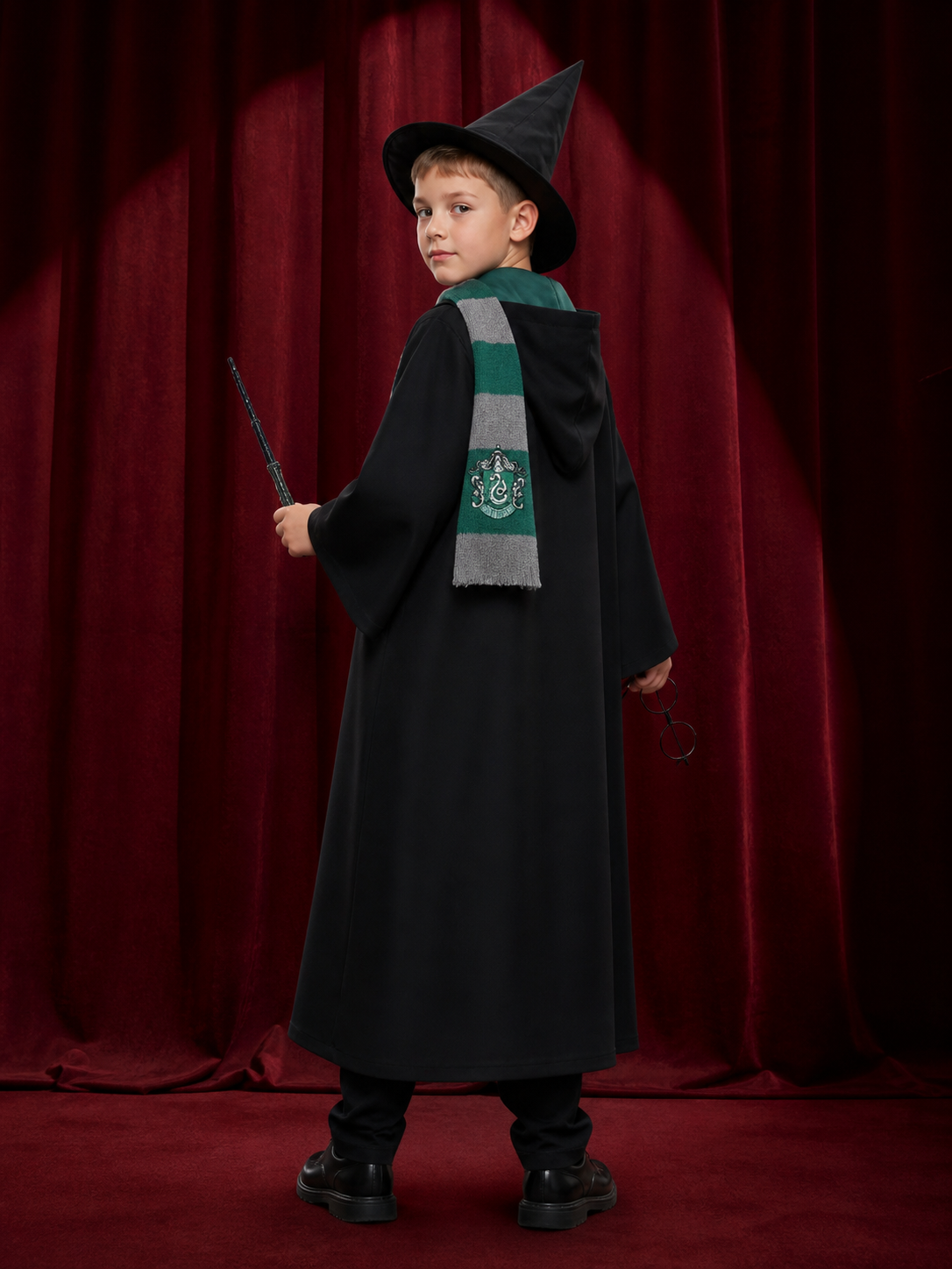 Green Wizard Costume Set with Hooded Robe, Striped Scarf, Hat, Wand and Glasses back view
