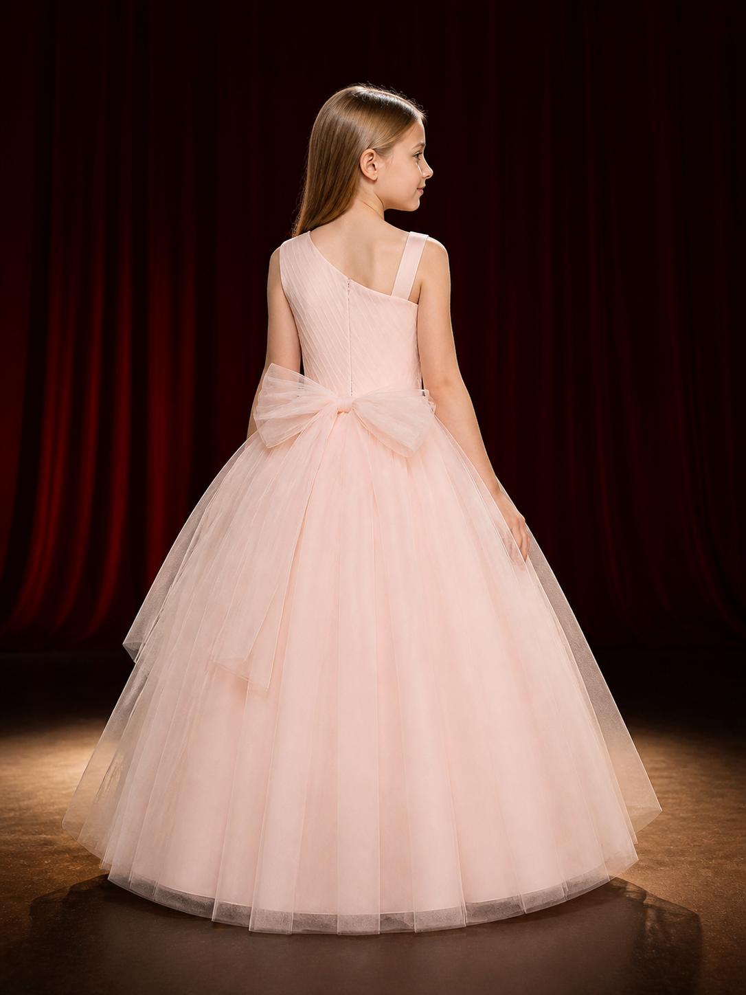 Girls' Blush Pink Princess Dress, One-Shoulder Layered Tulle Party Gown With Bow back view